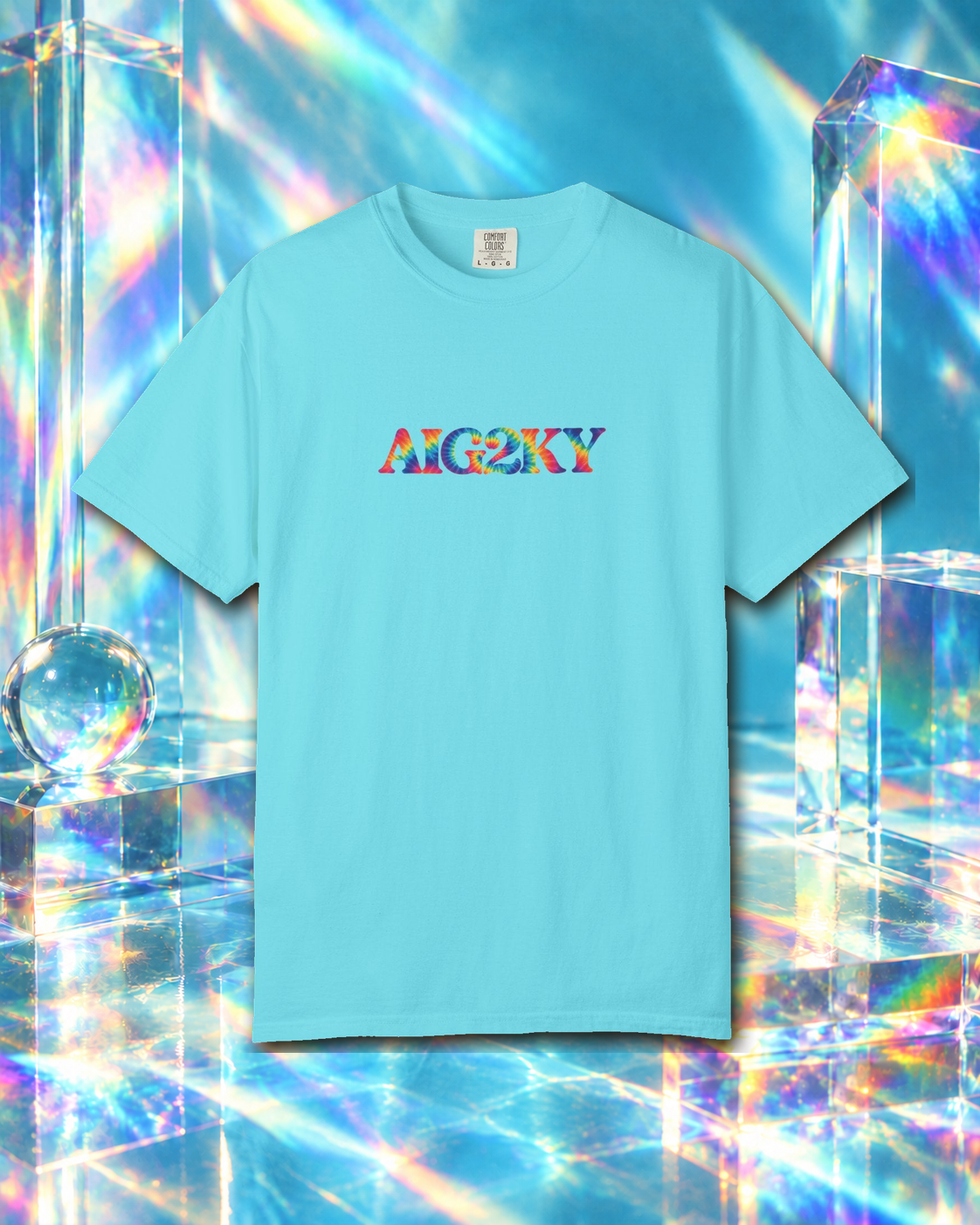 AIG2KY Tie-Dye shirt with multicolored chest lettering against a prismatic backdrop