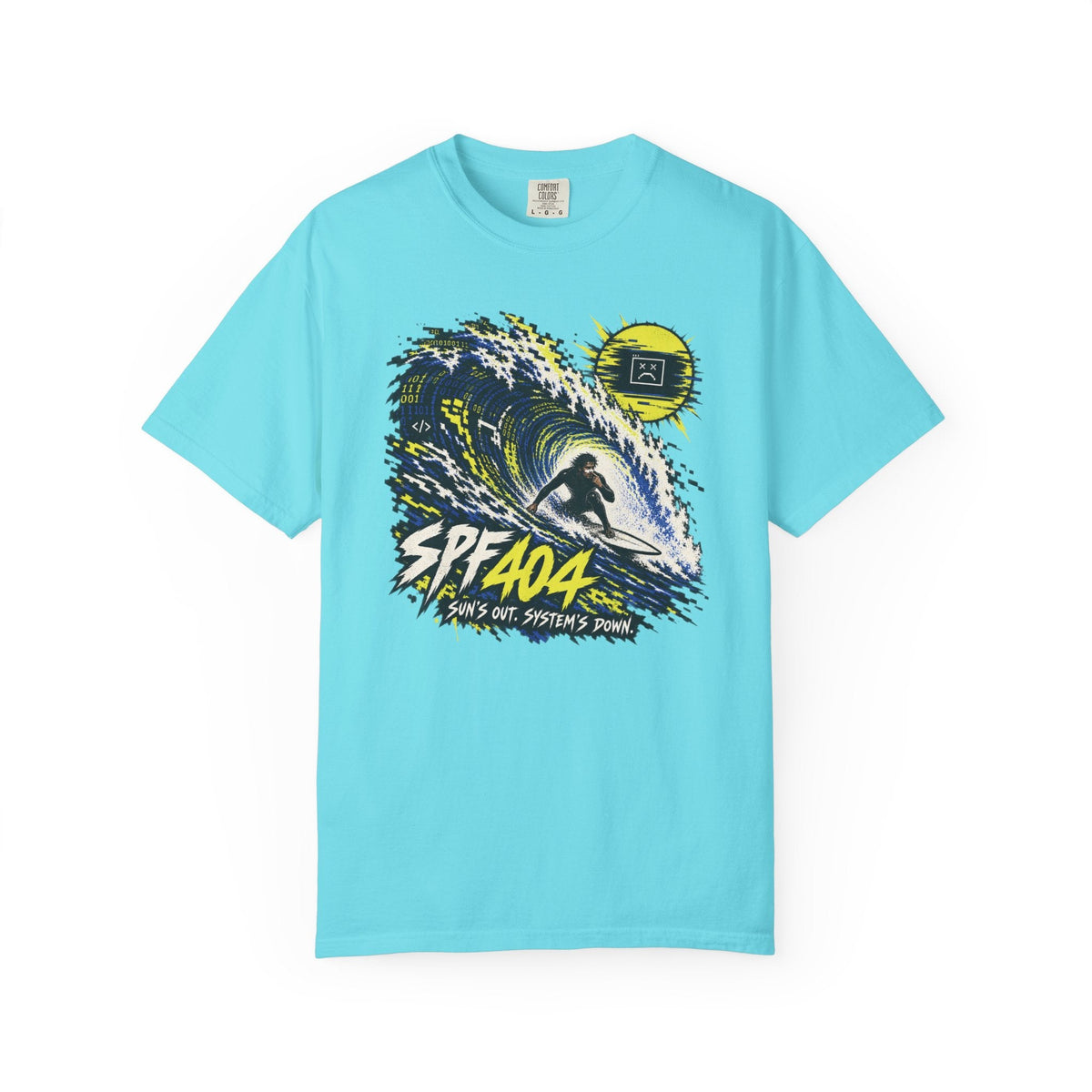 Lagoon Blue SPF 404 tee with a surfer, breaking wave, yellow error-face sun and SPF 404 lettering