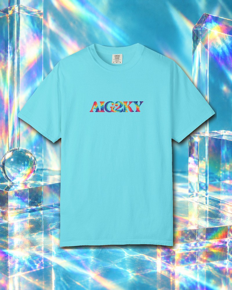 AIG2KY Tie-Dye shirt with multicolored chest lettering against a prismatic backdrop