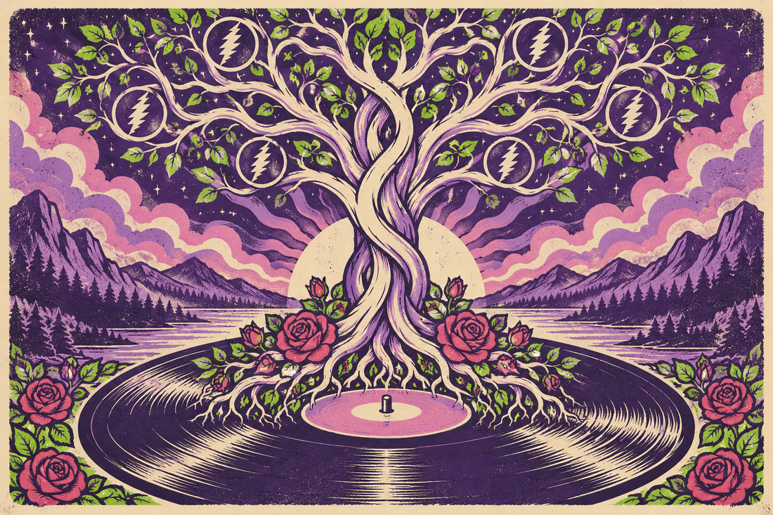 Psychedelic family tree growing from a vinyl record, surrounded by roses, mountains and lightning-bolt medallions.