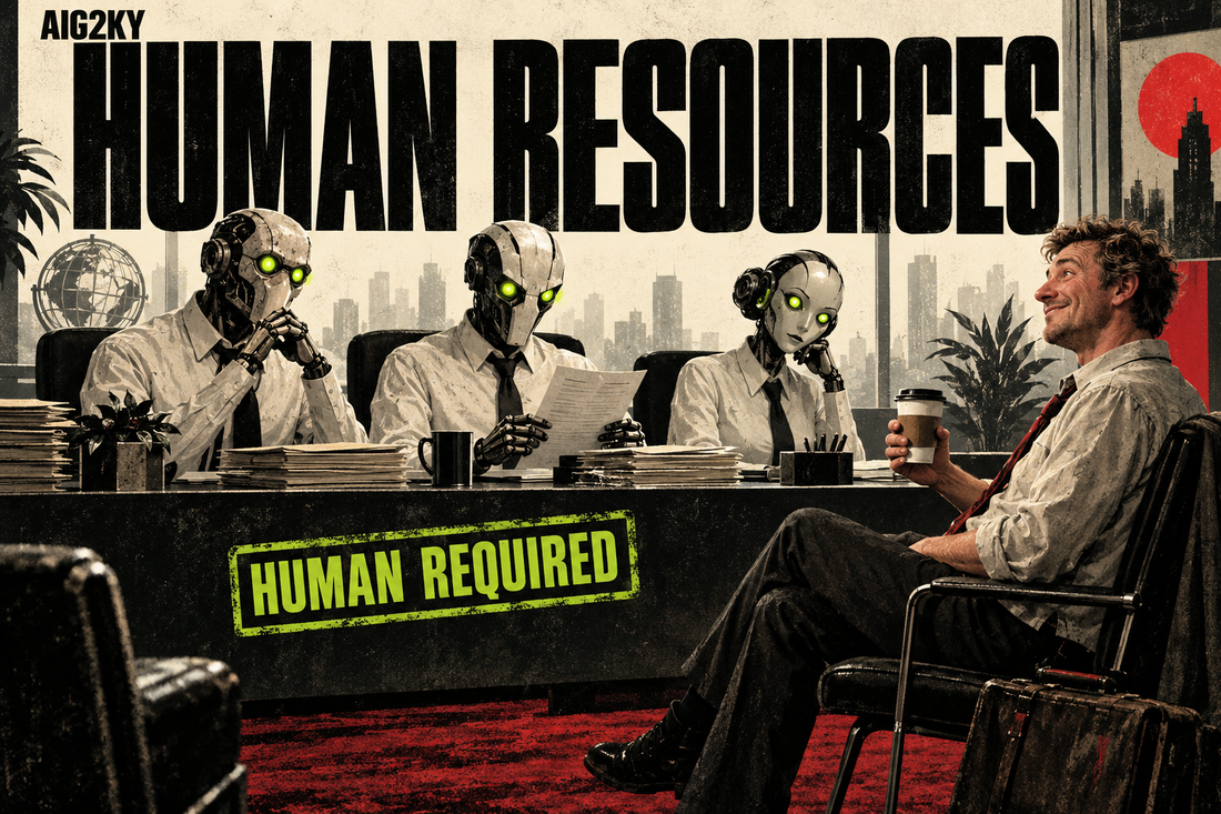 Three robot recruiters interview a relaxed human holding coffee beneath Human Resources lettering.