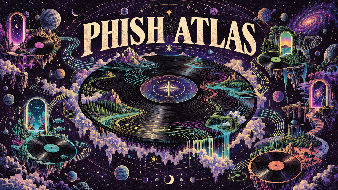 Phish Atlas: cosmic vinyl records connected by colorful musical pathways and glowing portals.