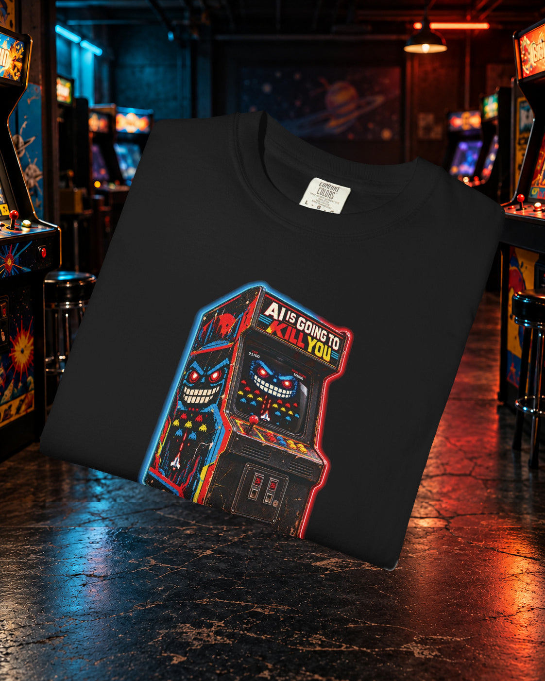 Ready Player Done black Comfort Colors 1717 T-shirt, folded view with arcade cabinet graphic.