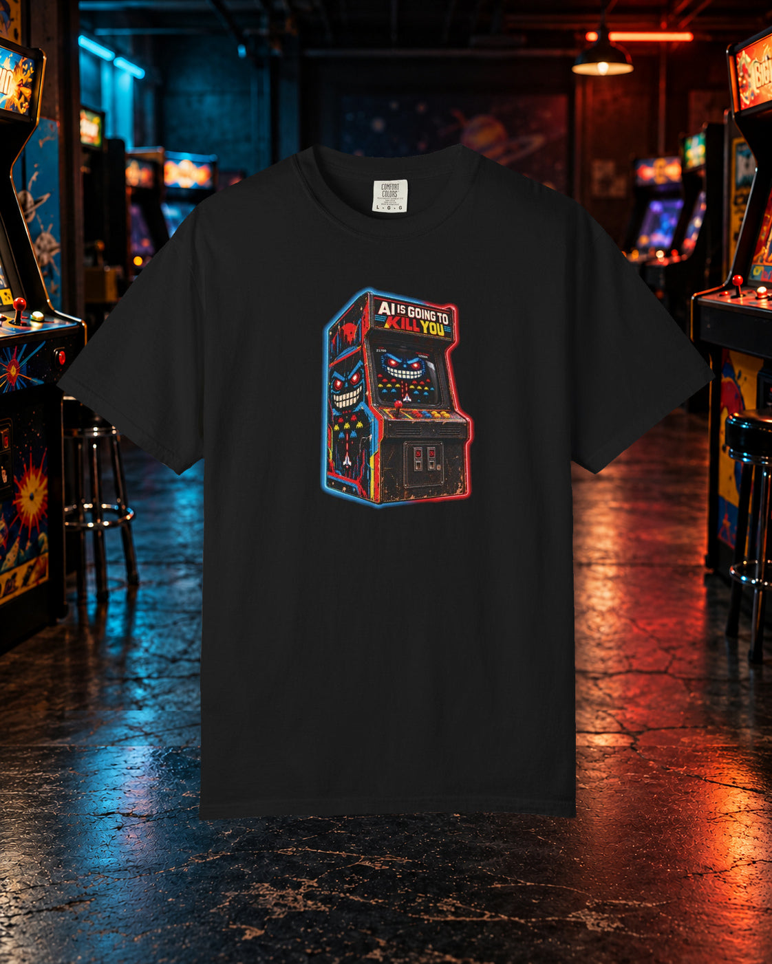 Ready Player Done black Comfort Colors 1717 T-shirt, front view with arcade cabinet graphic.